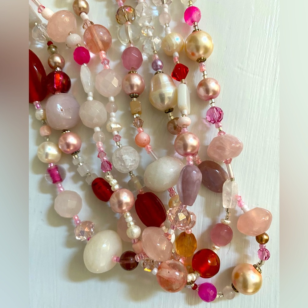 Handmade necklace, freshwater pearls, natural stone & glass, silver tone clasp
